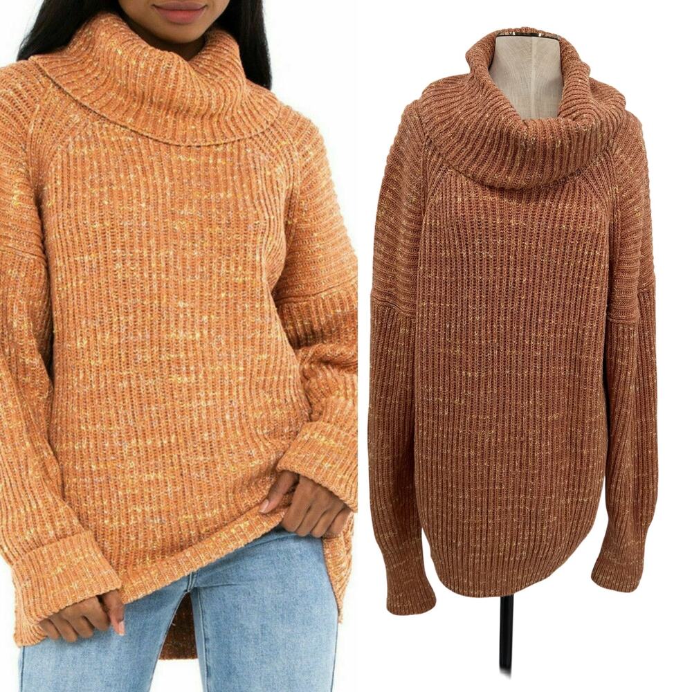 Free People Leo Cowl Neck Tunic Sweater Chunky Knit Oversized Womens Medium